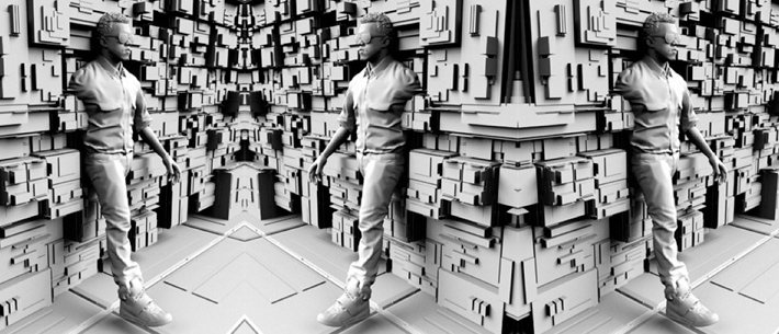 KanyeWestHotel_Main image of rapper Kanye West emerging from the wall of 3-D geometric shapes